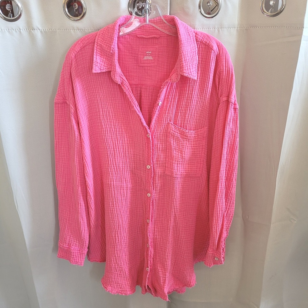 Aerie Oversized Dress Tunic Small Button Up Gauze Beachy Preppy Boho Cozy 21610